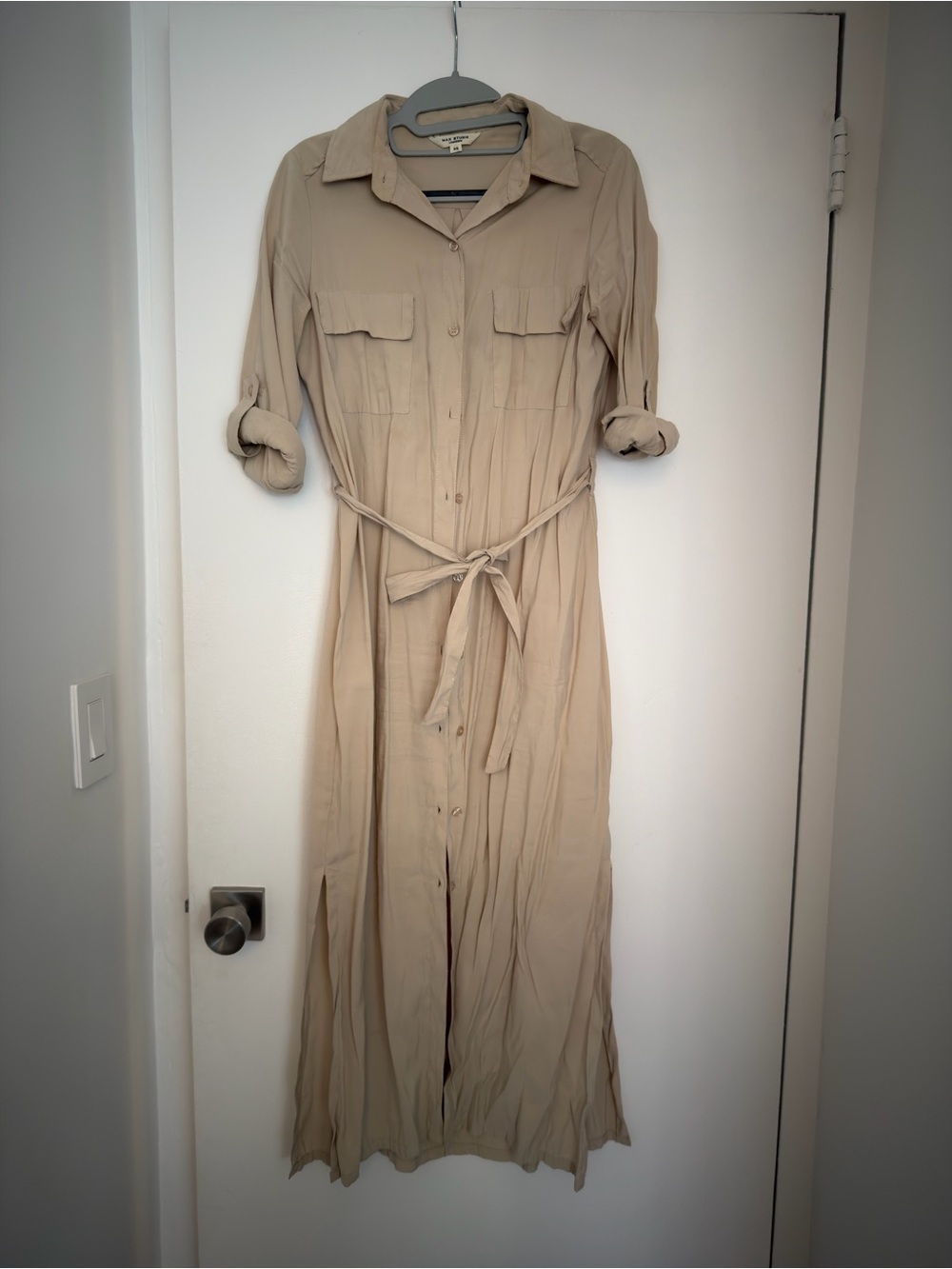 Max Studio Tan Button-Front Shirt Maxi Dress with Self Tie